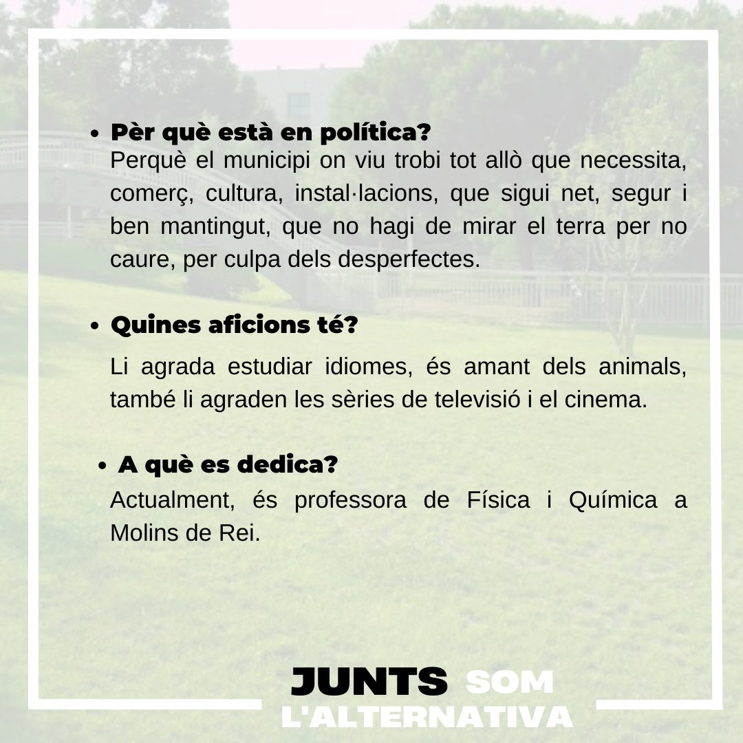 #3 Carme Aparicio

🗣Pèr què està en política?
Perquè el municipi on viu trobi tot allò que necessita, comerç, cultura, instal·lacions, que sigui net, segur i ben mantingut, que no hagi de mirar el terra per no caure, per culpa dels desperfectes.

Junts som l'alternativa!