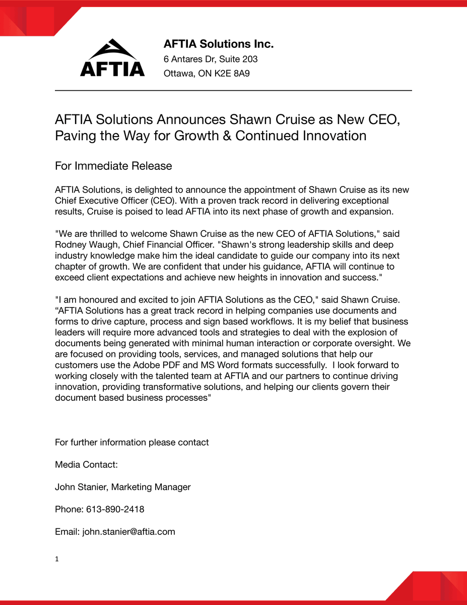 We are pleased to announce Shawn Cruise as the new CEO of AFTIA Solutions.

"Shawn's strong leadership skills and deep industry knowledge make him the ideal candidate to guide our company into its next chapter of growth" - Rodney Waugh, CFO.

See the full release below:
