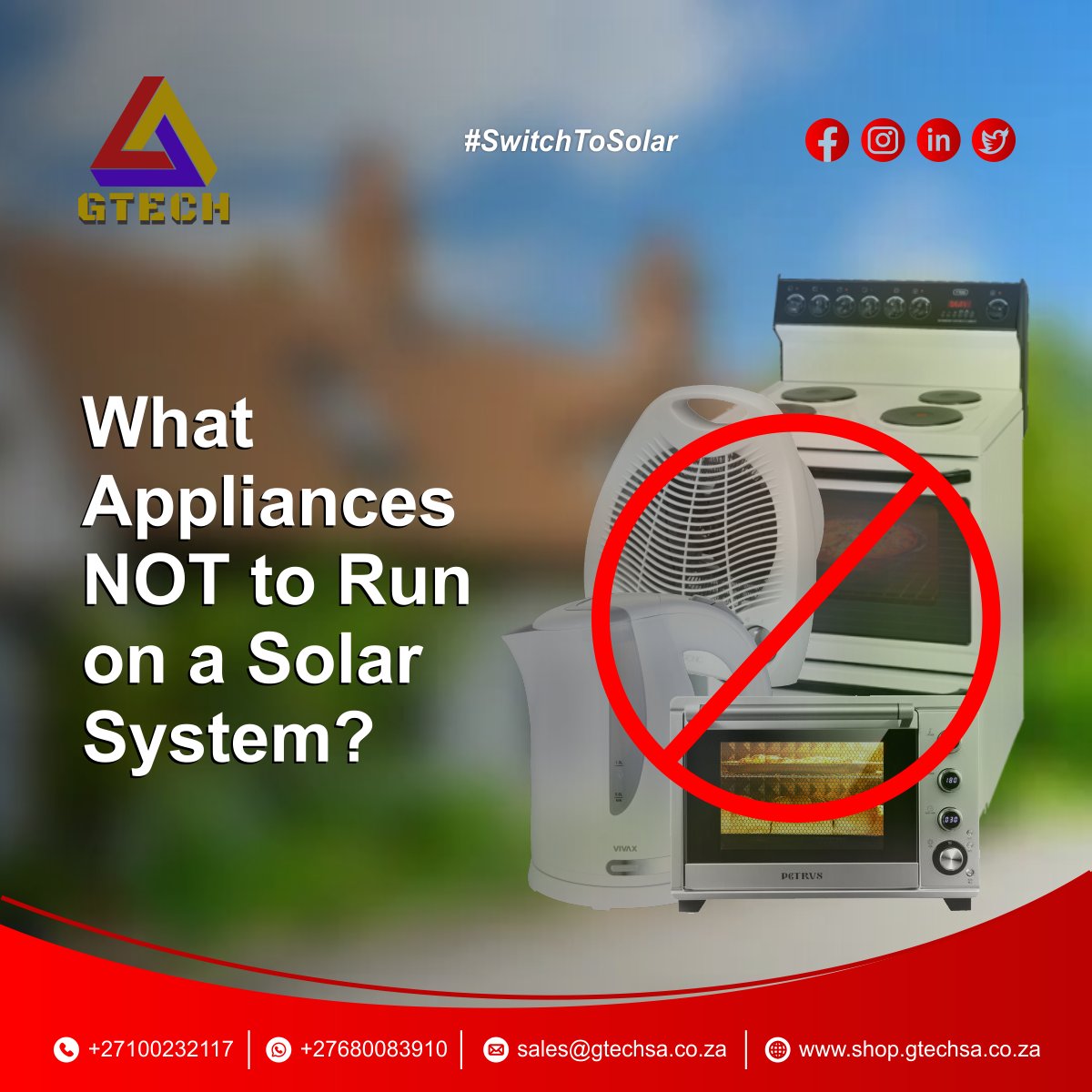 Gtechsa27's tweet photo. 🚫 🚫 🚫 What NOT to Run on Solar?

❌ Room Heaters
❌ Air Conditioning
❌ Hot Water Kettles
❌ Electric Stoves &amp; Ovens
❌ Clothes Dryers
❌ Plus any other high draw items

The above appliances chew through power like crazy and could actually damage your #SolarPowerSystem https://t.co/KHOaCZnyCh