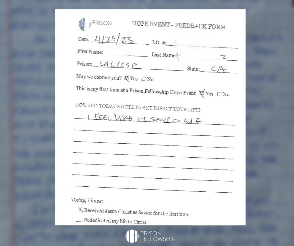 prisonfellowshp's tweet photo. We love getting feedback like this from prisoners about how life-changing Prison Fellowship Hope Events are. The Gospel tells us that no life is too troubled to be transformed. God is doing big things behind bars! Which response is your favorite?
#ChangeBehindBars #HopeEvent https://t.co/bK00cNpZLg