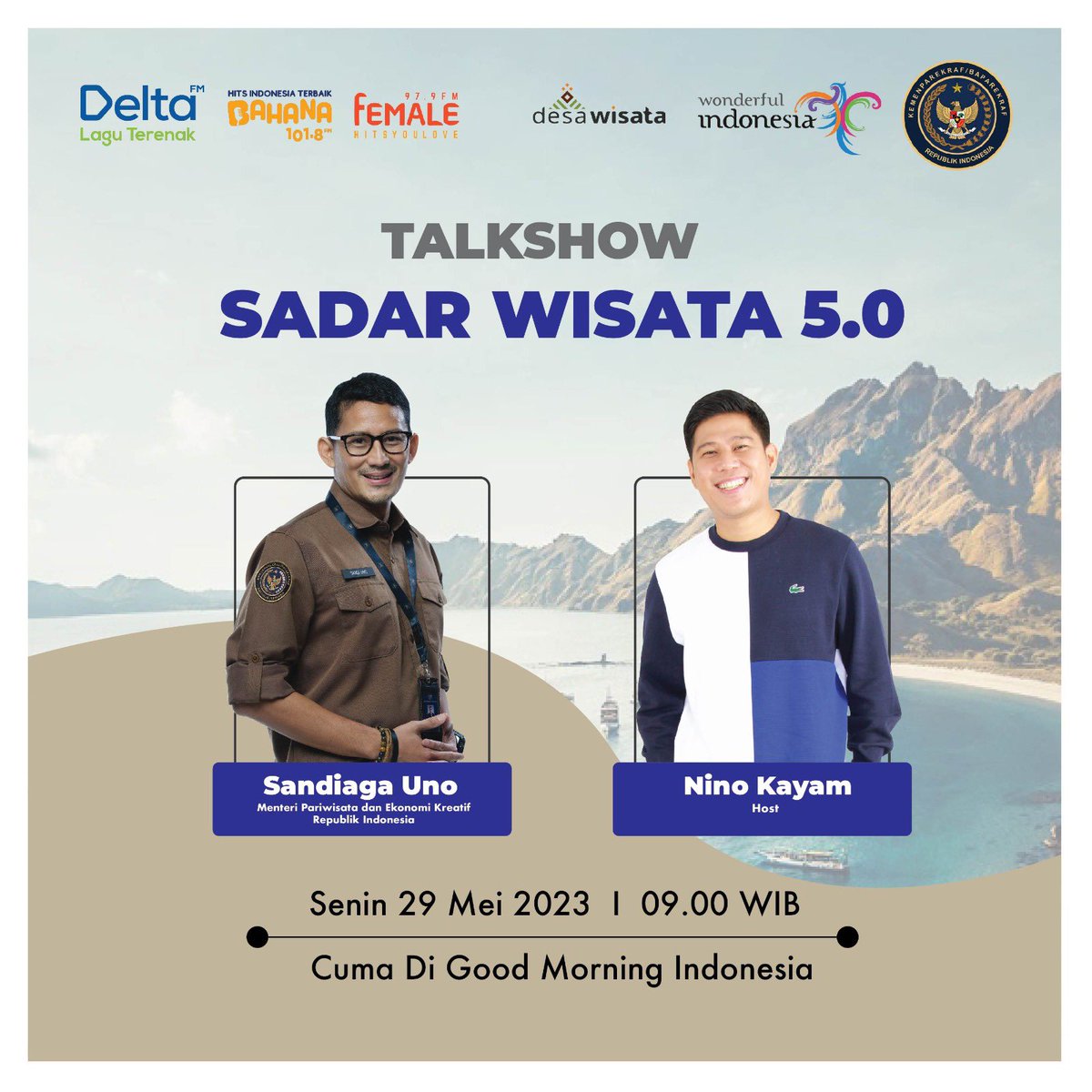 Hola Good Friend...jalan2nya di Indo aja yak..bantu pelaku wisata di negara kita...nah simak obrolan Nino dan mas mentri Sandiaga yacuma di DeltaFM Bahana FM dan Female Radio