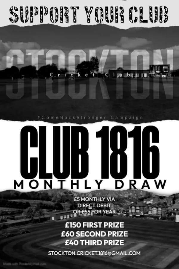 Join our 100 club today and be in with a chance to win and help support your local cricket club!

Stockton.cricket1816@gmail.com for interested parties.