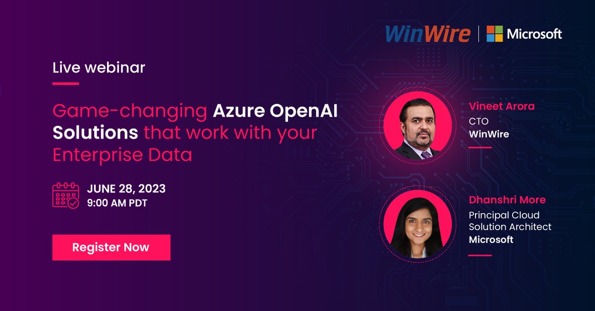 Join live webinar on ‘Game-changing #AzureOpenAI Solutions that work with your enterprise data’, with  <a href="/WinWire/">WinWire</a> and <a href="/Microsoft/">Microsoft</a> . We will discuss architecture patterns and approach for developing secure and scalable solutions on #Azure #OpenAI services
bit.ly/3IelUM4