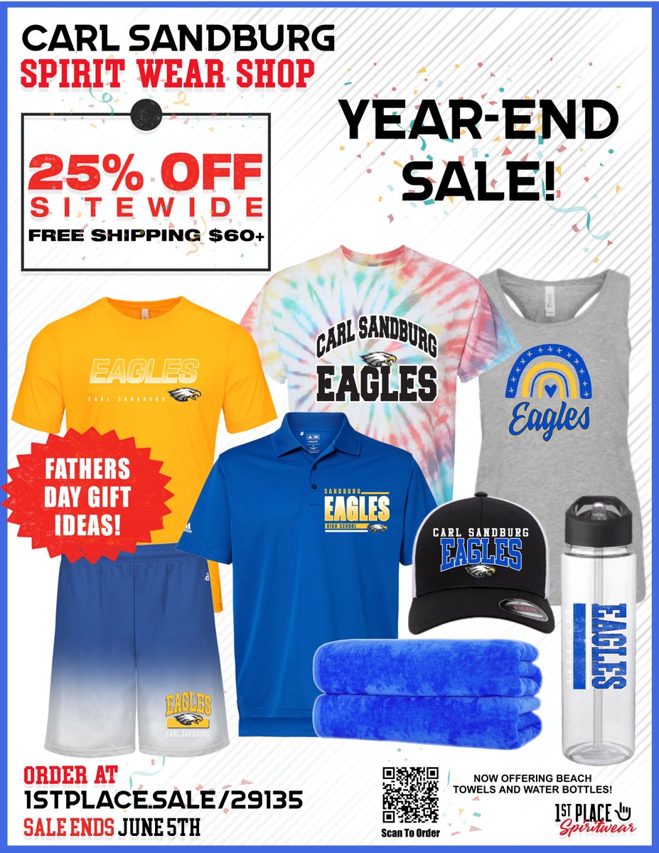 Take advantage of the Sandburg Year-End Spirit Wear Sale! Gear up for the summer with shorts, tanks, water bottles and beach towels! Everything is 25% off with free shipping on orders over $60!