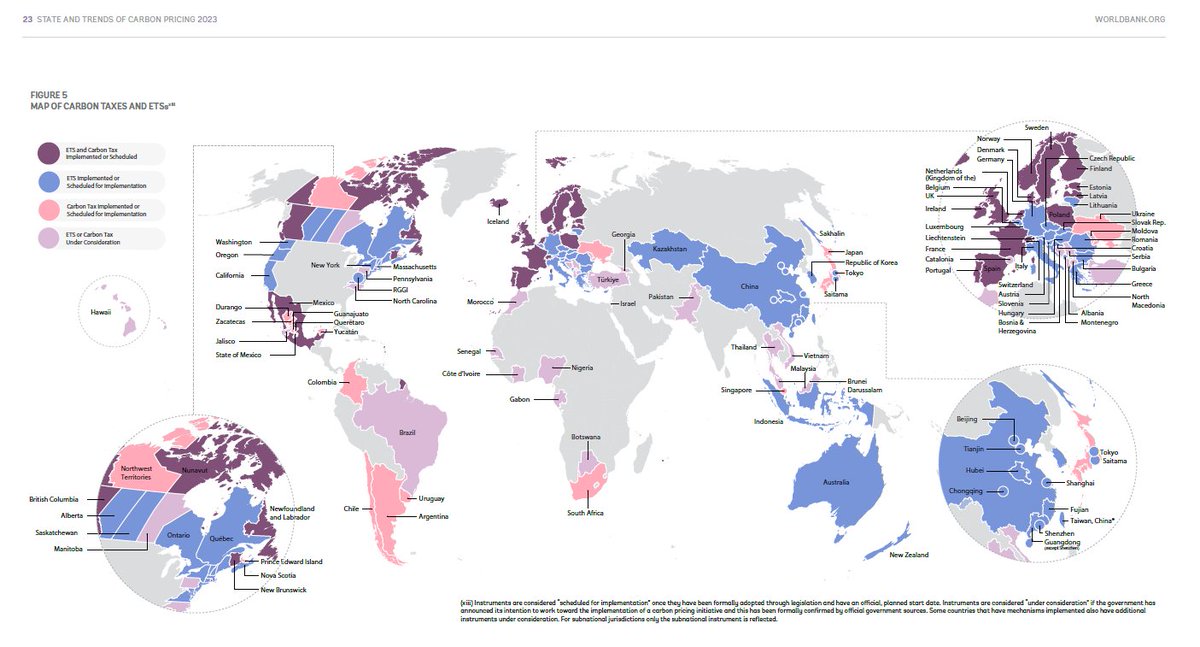 Many interesting figures in the <a href="/WorldBank/">World Bank</a>|s new "State and Trends of Carbon Pricing 2023" report:  openknowledge.worldbank.org/entities/publi…
1/4 Global map of carbon taxes and emissions trading systems