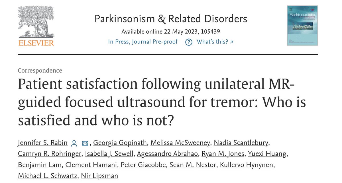 Jennifer Rabin, PhD (@jsrabin1) on Twitter photo Exciting new results on patient-reported outcomes following #FUS #thalamotomy for medically-refractory #tremor.
Most patients achieved their treatment goals and expressed high levels of #satisfaction. FUS is a #game_changer!
Learn more: shorturl.at/afuUV
<a href="/DrNirLipsman/">Nir Lipsman</a> Exciting new results on patient-reported outcomes following #FUS #thalamotomy for medically-refractory #tremor.
Most patients achieved their treatment goals and expressed high levels of #satisfaction. FUS is a #game_changer!
Learn more: shorturl.at/afuUV
<a href="/DrNirLipsman/">Nir Lipsman</a>