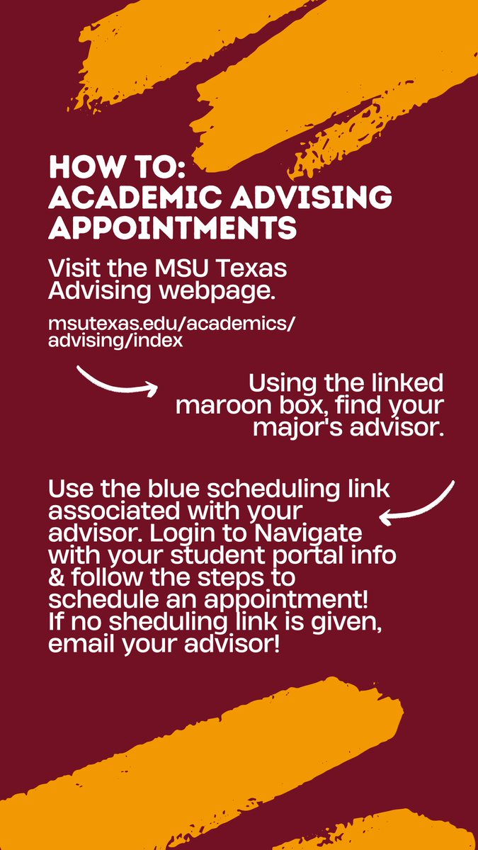 Need to schedule an advising appointment? Here's how!
msutexas.edu/academics/advi…. 

#MSUTexas #MSUTexasAdmissions #AcademicAdvising