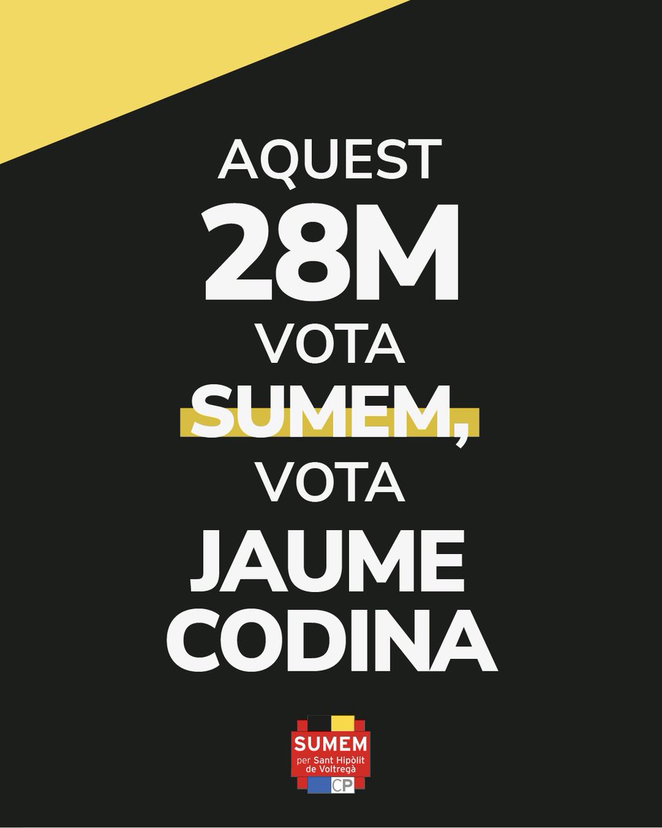 🔜 Diumenge és el dia!  

𝗩𝗢𝗧𝗔 𝗦𝗨𝗠𝗘𝗠, 𝗩𝗢𝗧𝗔 𝗝𝗔𝗨𝗠𝗘 𝗖𝗢𝗗𝗜𝗡𝗔! 🟡⚫️

Per tu, i per Sant Hipòlit! 👏

#SumemxSHV #EleccionsMunicipals #VotaSumem #28M #Municipals28M #SantHipòlitdeVoltregà