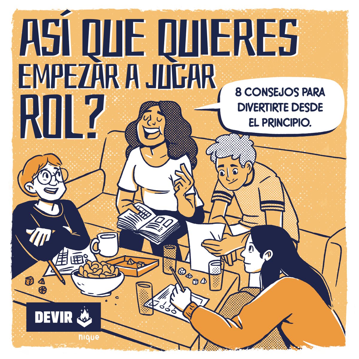 DevirAmericas's tweet photo. ¿Quieres jugar #rol pero no sabes por dónde empezar? ¡Te compartimos algunos de nuestros mejores consejos! 🧡 Arte de @nique_ill https://t.co/rmPplSQ2rF