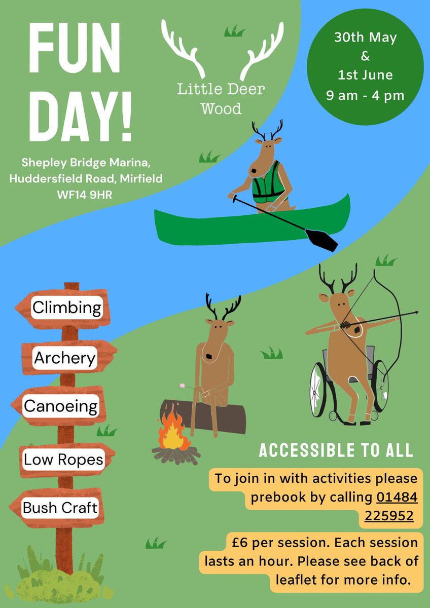 LittleDeerWood's tweet image. Come down and join us for our family fun day! Everyone is welcome. Book on for some of our activity sessions at only £6 a session!
This a great opportunity to try something new this half term break! Message or call us to find out more info.
#LittleDeerWood #AdventureForAll