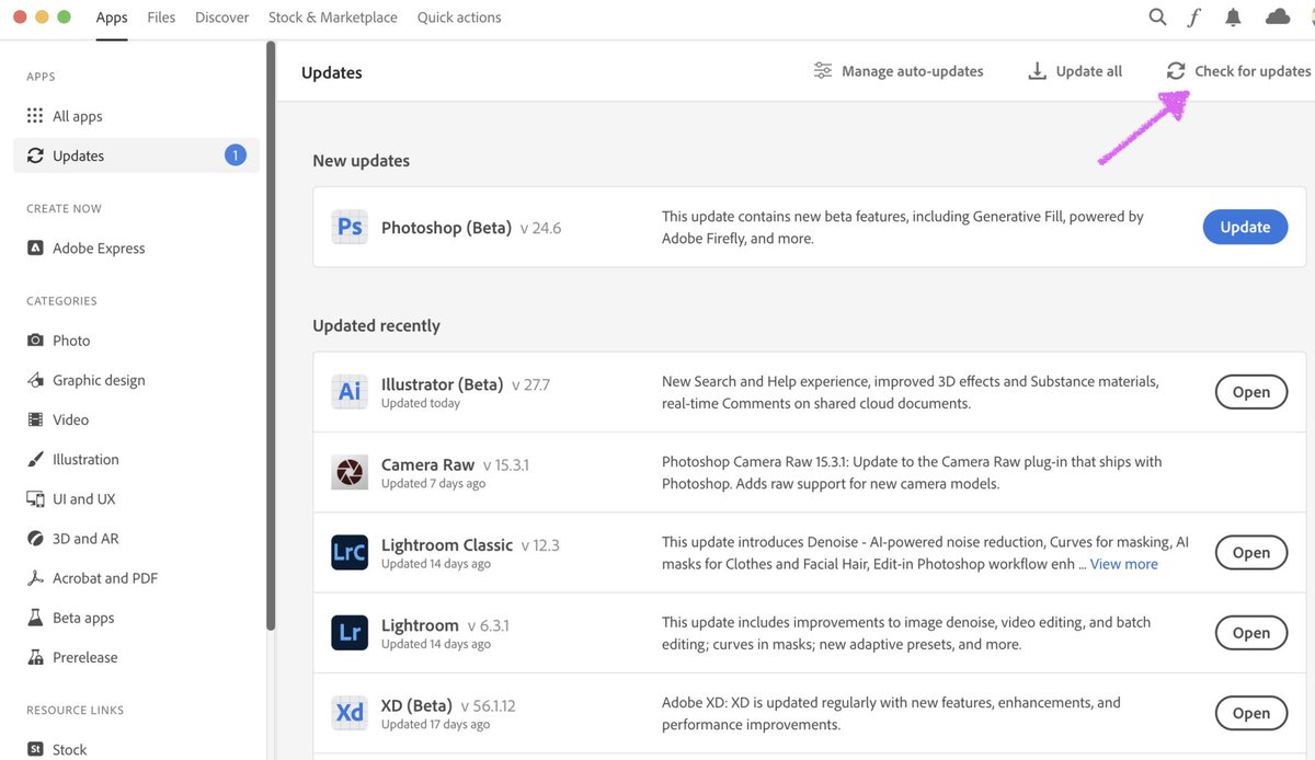 _petegreen's tweet photo. @sihorrock @jtriest @juliewdesign_ @Photoshop As you've seen, make sure to "Check for Updates" in the Updates tab of CC Desktop. You'll want version m.2181 in Ps beta's Help > System Info. https://t.co/b9ZnUctE2n
