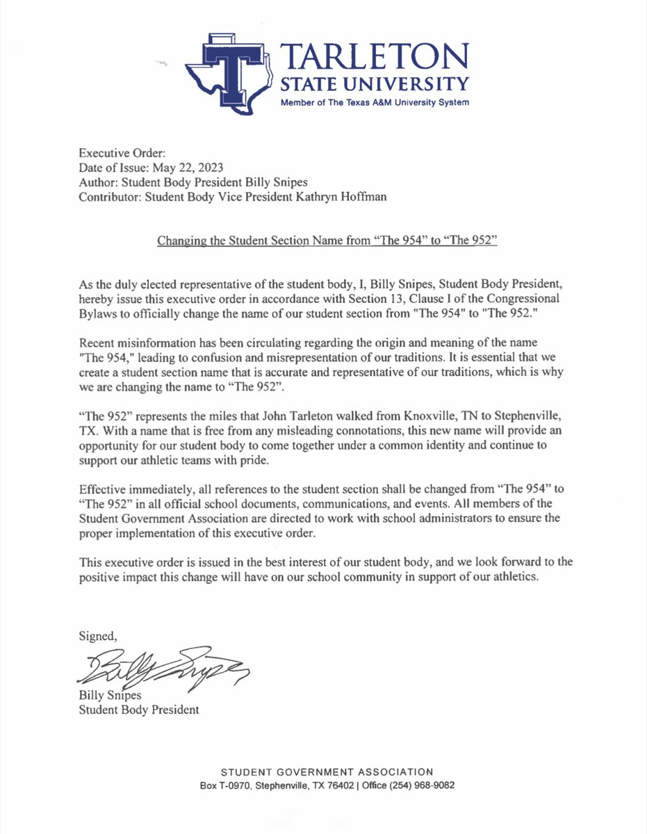 The Student Body President Billy Snipes has passed an Executive Order to Officially change the name of the Student Section from “The 954” to “The 952”. This will reflect the miles that John Tarleton walked from Knoxville, Tn to Stephenville, Tx.