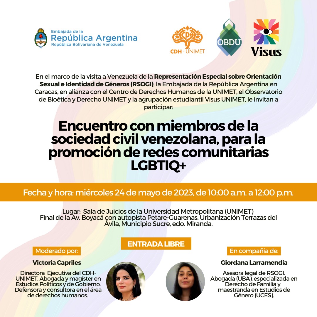 #HOY @CDHUNIMET, @obdu_bioetica y @VisusUnimet, en alianza con la @ARGenVenezuela, invitan a un encuentro con miembros de la sociedad civil venezolana, para la promoción de redes comunitarias LGBTIQ+

🕜 10AM
📍Sala de Juicios #Unimet