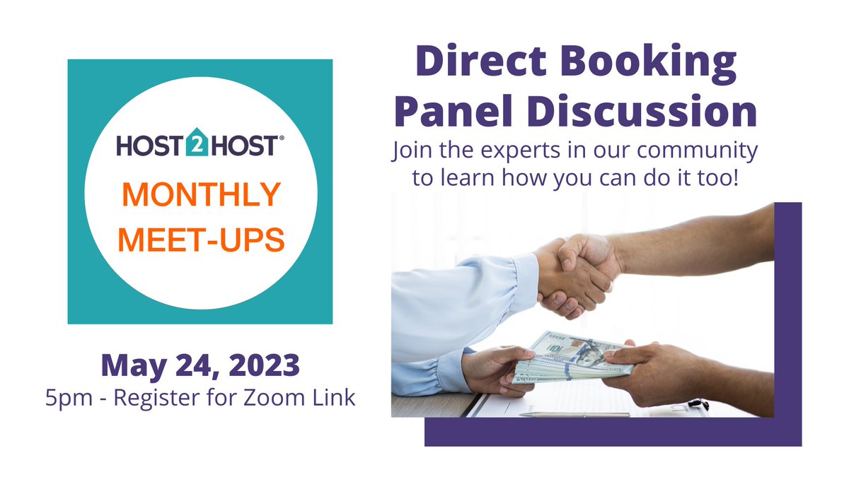 Have you ever wondered how to attract guests to book directly with you? 

The Host2Host panel discussion on May 24th at 5pm will give you a few different perspectives on this approach.

Register here: host2host.org/event-5243944

#host #str #directbooking #airbnb #vrbo #booking