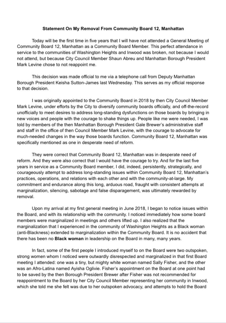 Cb12Tm's tweet photo. My Statement on Not Being Reappointed to Manhattan Community Board, 12 https://t.co/oPNlOV3CsJ