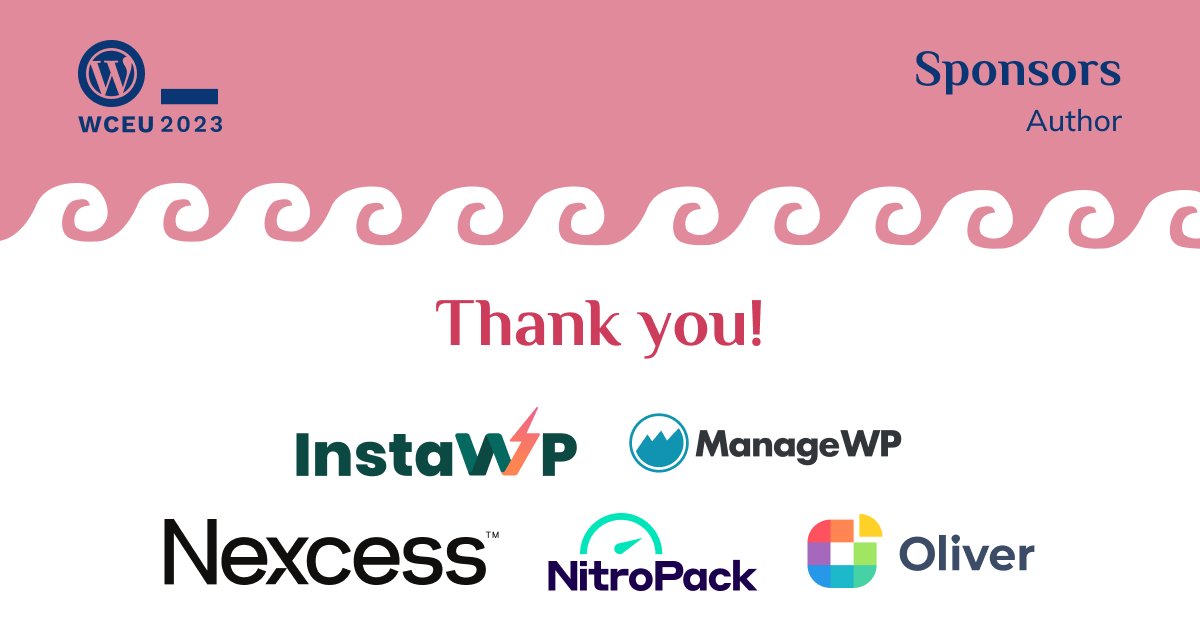 Introducing our Author Sponsors, <a href="/insta_wp/">InstaWP</a>, <a href="/managewp/">ManageWP</a>, <a href="/nexcess/">Nexcess</a>, <a href="/getnitropack/">NitroPack</a>, and @getolivercdk - thank you for your support for WordCamp Europe 2023! 

#WCEU #WCEU2023

Info: europe.wordcamp.org/2023/introduci…