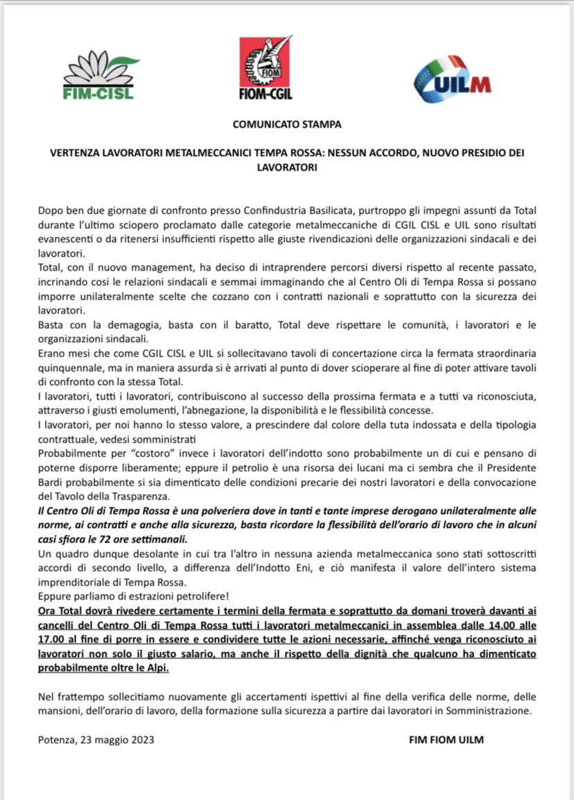 fimcislbas's tweet photo. 📢 Al termine di due giornate di confronto, nessun accordo tra #Fim Fiom Uilm e #Total per i lavoratori #metalmeccanici di #TempaRossa.
🗓 Domani, dalle 14 alle 17, assemblea dei lavoratori davanti ai cancelli del centro olio per decidere le prossime mosse.
@EvangeliGerardo https://t.co/OawWY989St