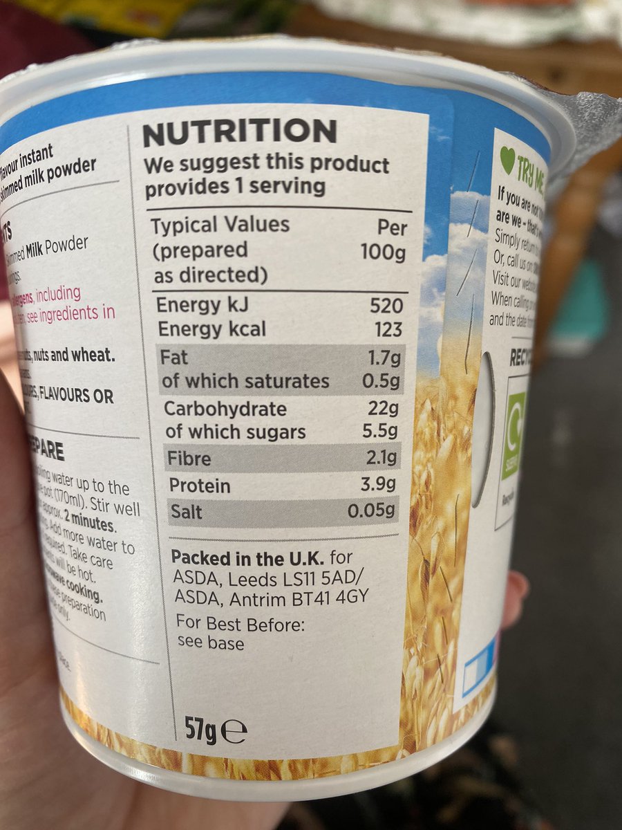 astrid_hall's tweet photo. @AsdaServiceTeam this makes no sense. How is there over 200 calories per serving (made as directed which is just adding water) when 100g is only 123cals and this is 57g in a pot??? https://t.co/zUiEPIvLM1