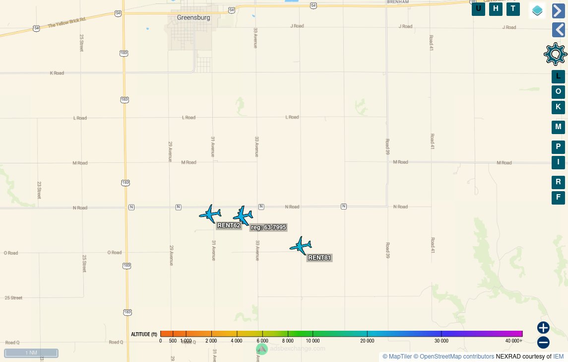 TheIntelFrog's tweet photo. A 3-ship of tankers are active over Kansas; 2 KC-46A Pegasus and 1 KC-135 Stratotanker.  

#AE5F97 as RENT81 KC-46A
#AE5E0D as RENT62 KC-46A
#ADFF10 as 63-7995 KC-135 https://t.co/cbpTl9HF4X