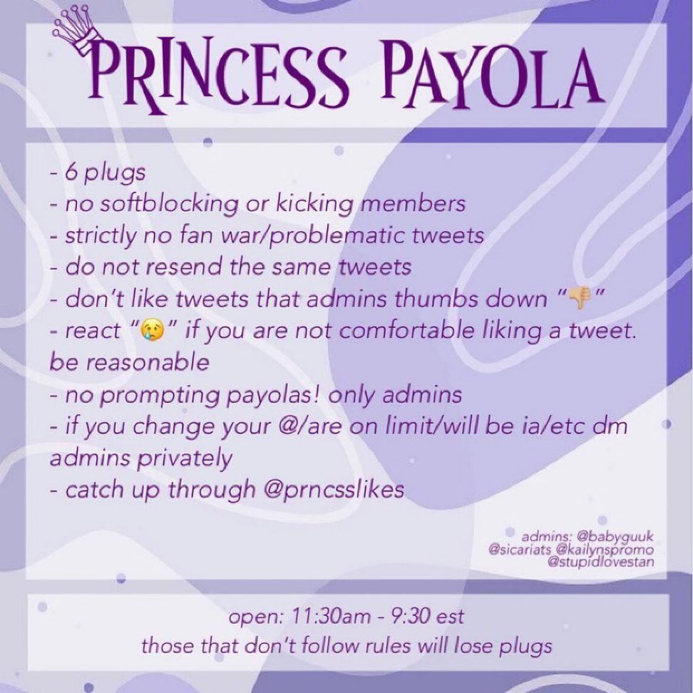 [ PRINCESS PAYOLA — RECRUITING NEW MEMBERS ] 

♕ any fandom can join
♕ must have open dm
♕ 6 Plugs 
♕ must be following @prncsslikes @babyguuk 
♕ kicking ias daily
♕ 50-60 likes

‼️RT AND REPLY TO BE ADDED

‼️DMS ASKING TO BE ADDED WILL BE IGNORED