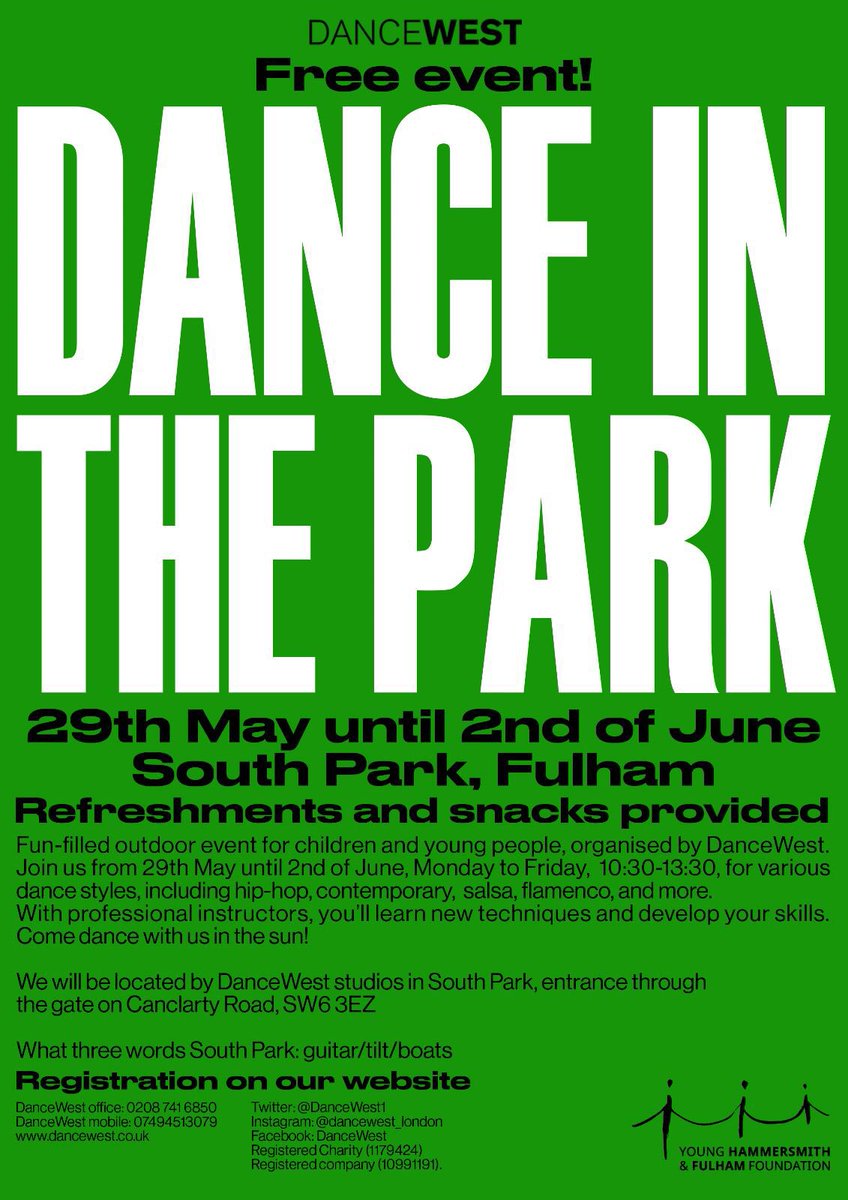 🌳✨ Get ready to groove at Dance in the Park! 🕺💃 The most exciting FREE outdoor dance event of the season! Join us 29th May - 2nd June daily 10:30am-1:30pm. Calling all young dancers - there’s something for everyone! See you at South Park! 🎉🎶 #DanceInThePark #DanceWest