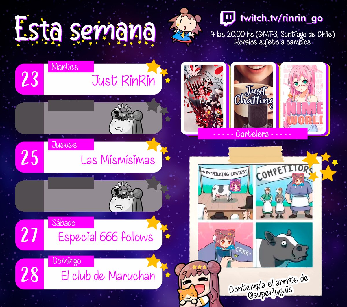 rinrinvt_go's tweet photo. HORARIO SEMANAL ৻(•̀ ᗜ •́  ৻)⊹｡₊*⊹.˚

Hoy charlaremos de lo lindo. Este Jueves será caótico gracias a la Juguito. ¡El Sábado tendremos nuestro especial 666 follows! Y el Domingo volvemos con más Shaman King.

¡No se los pierdan!

Contemplen el arrrrte de @superjuguis ♡ https://t.co/jOszpMA7Ey