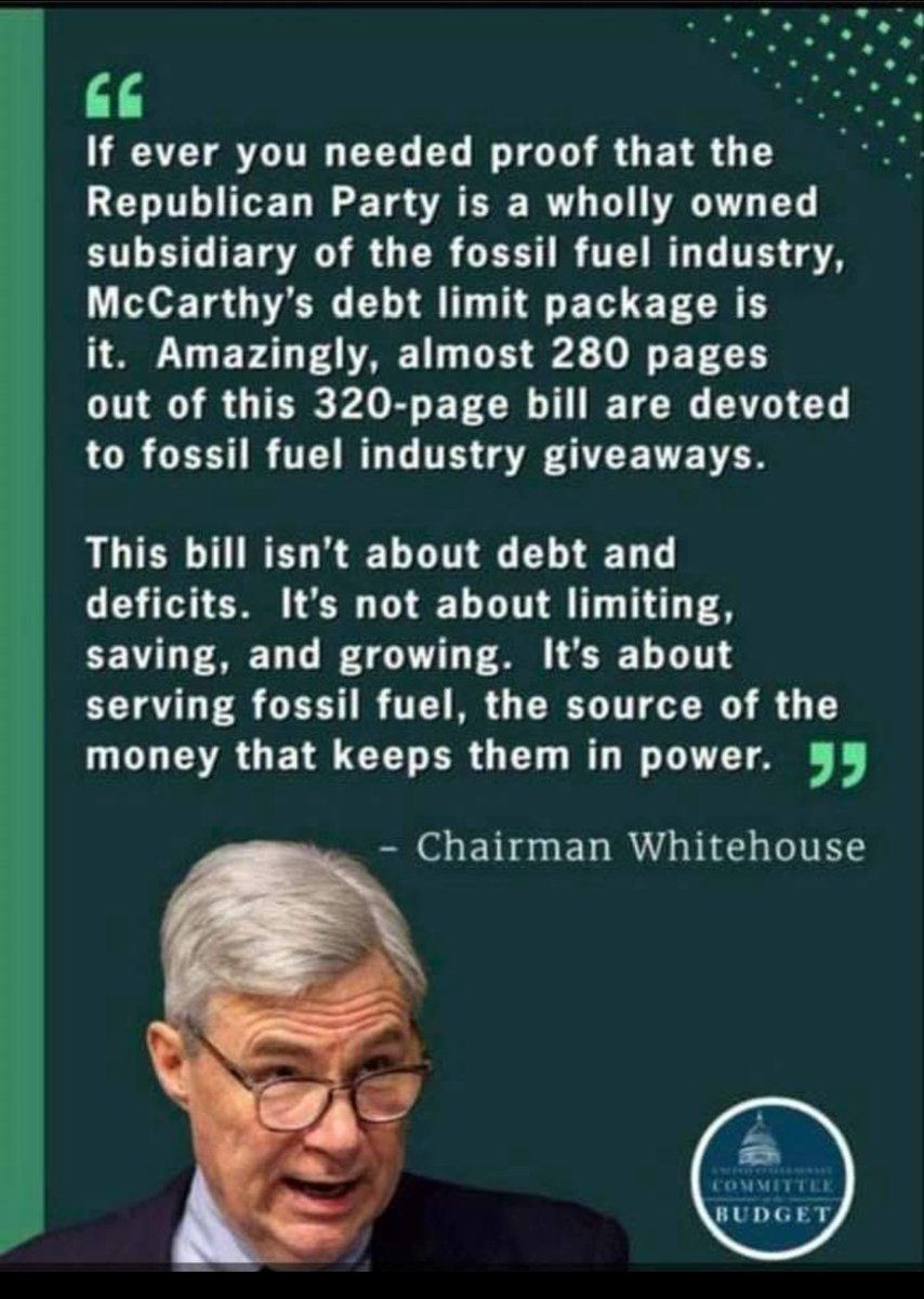 Republicans want the debt ceiling package that benefits the oil industry (280 pages), no benefits for Americans. Vote them out!! 

#tuesdayvibe #NHPolitics #DebtCeiling #RepublicanDefaultDisaster #RepublicansAreTheProblem #PutinWarCriminal #BigOil #oil #Shell #exxonKnew #Russia