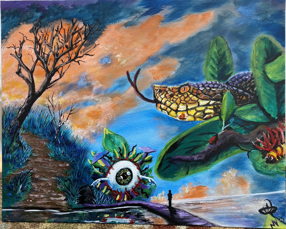 Updated 16”x20” acrylic on canvas board #art #artist #artists #artoftheday #acrylicart #acrylicpaint #painting #trippy #eyeball #pitviper #snake