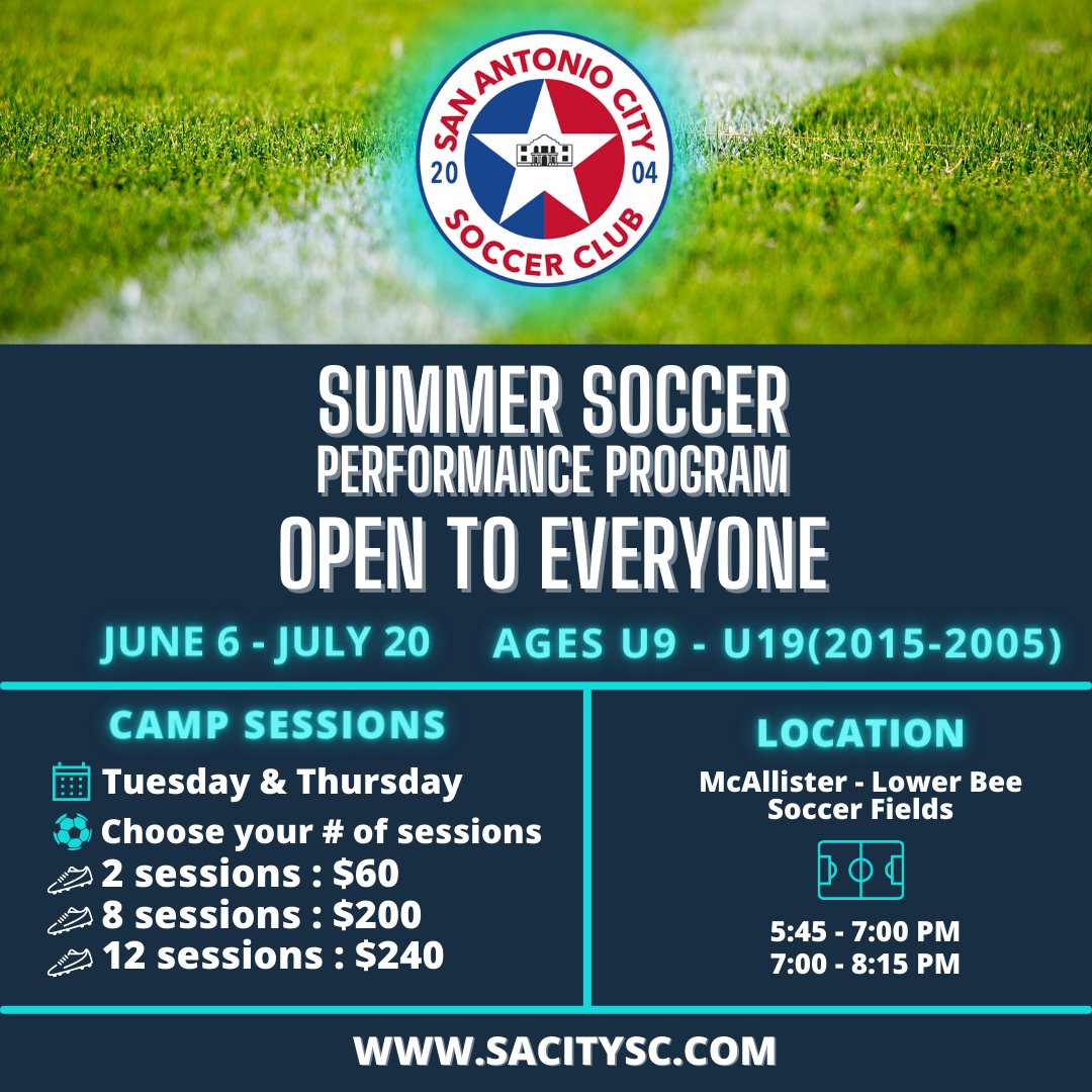 We are extremely excited announce the return of our Summer Performance Program! We will have them every Tue/Thur! Starting June 6-July 20! Sign Up Today!

📍McAllister-Lower Bee
🗓June 6, 2023

Sign Up 👇👇
conta.cc/3owhY2j
#BuildingTheCITY #SACityProud
🔵🔴