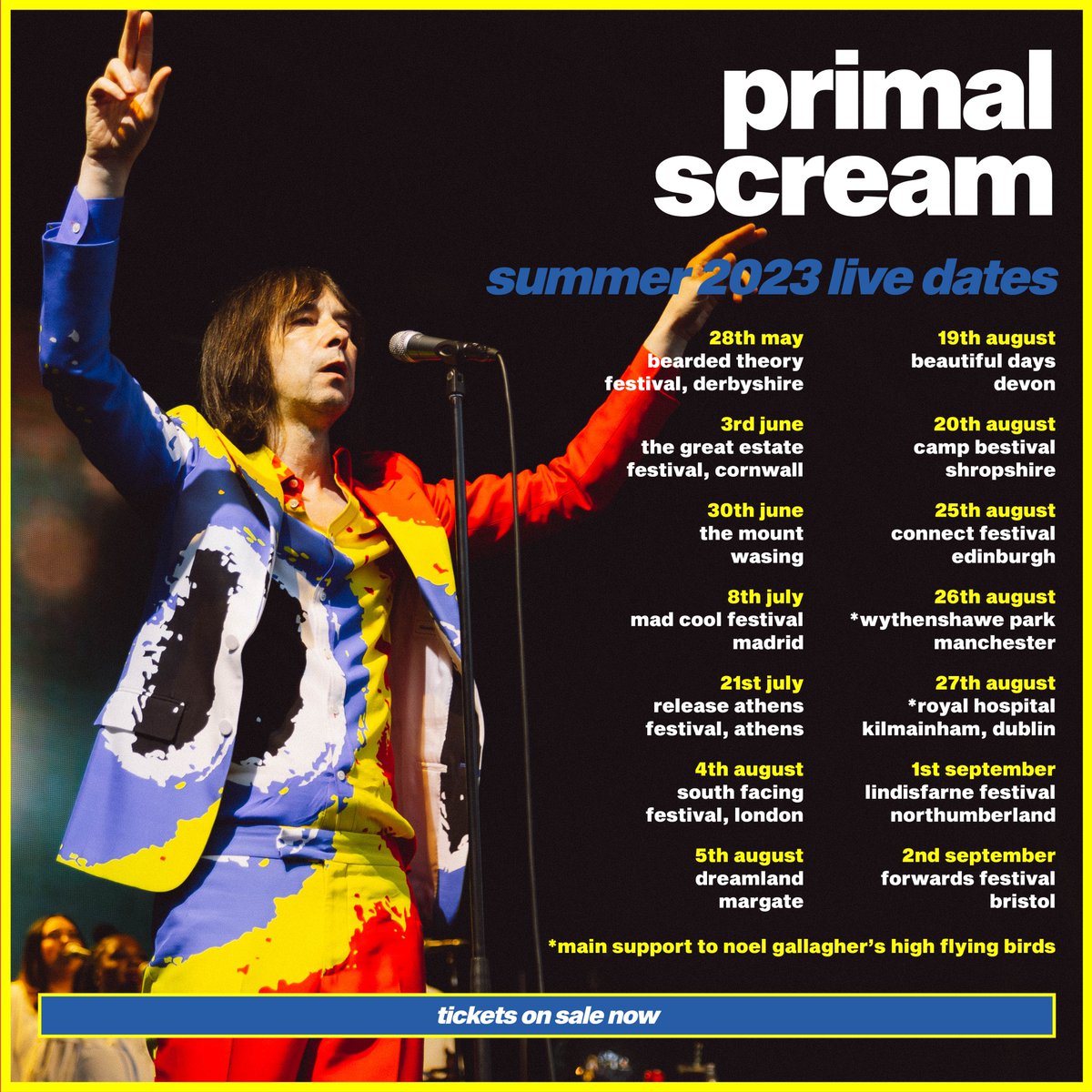 This summer we are going out with a 12-piece band - adding Alex White from @FatWhiteFamily on sax, Terry Miles of Mozart Estate on keys and our friends from the @HouseChoir. We're very excited about this line-up! Tickets for all our summer shows here: primalscream.tix.to/live2023