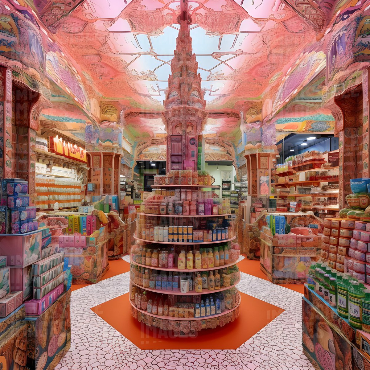 An ornate Supermarket 

— 

#impossibleimages #impossible_img #impossibleai #aiart #ai #midjourney #midjourneyart  #aiphotography #photography #ornate #design #color #store #storedesign #pink #coquette #cute