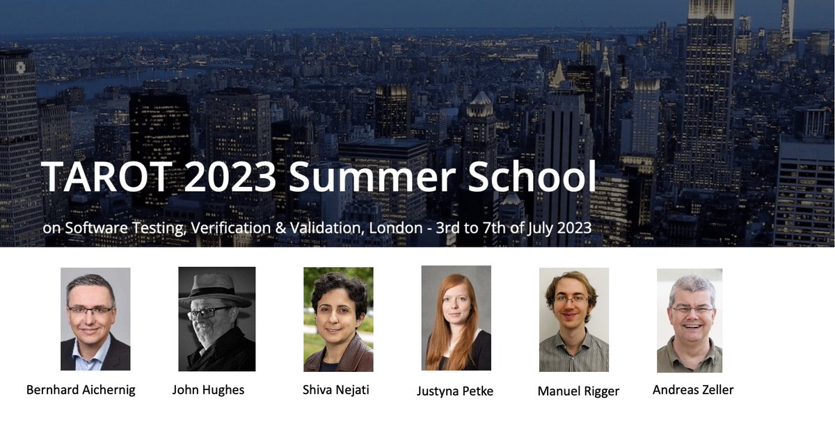 Jie M. Zhang (@jiemarinazhang) on Twitter photo 👇Call for participation👇: TAROT summer school at King's College London with fantastic speakers on software testing, verification, and validation. Early bird registration DDL: June 1st. <a href="/smr_mousavi/">Mohammad Mousavi</a> <a href="/afd_icl/">Alastair Donaldson</a> <a href="/guneli_j/">Gunel Jahangirova</a> <a href="/HectorDMenendez/">Héctor D. Menéndez</a> More details: tarot-school.org 👇Call for participation👇: TAROT summer school at King's College London with fantastic speakers on software testing, verification, and validation. Early bird registration DDL: June 1st. <a href="/smr_mousavi/">Mohammad Mousavi</a> <a href="/afd_icl/">Alastair Donaldson</a> <a href="/guneli_j/">Gunel Jahangirova</a> <a href="/HectorDMenendez/">Héctor D. Menéndez</a> More details: tarot-school.org