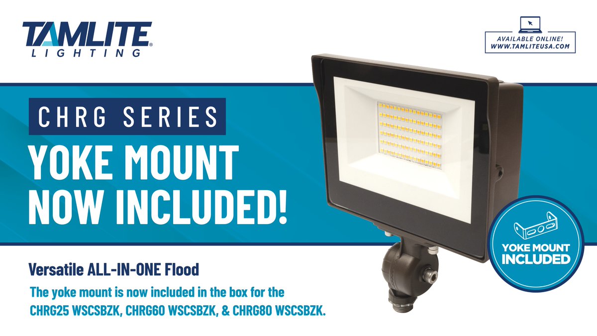 The Yoke Mount is now included in the box for the CHRG Series as our versatile all-in-one flood light from Tamlite Lighting!

Learn more at tamliteusa.com or visit your local City Electric Supply to get yours today!