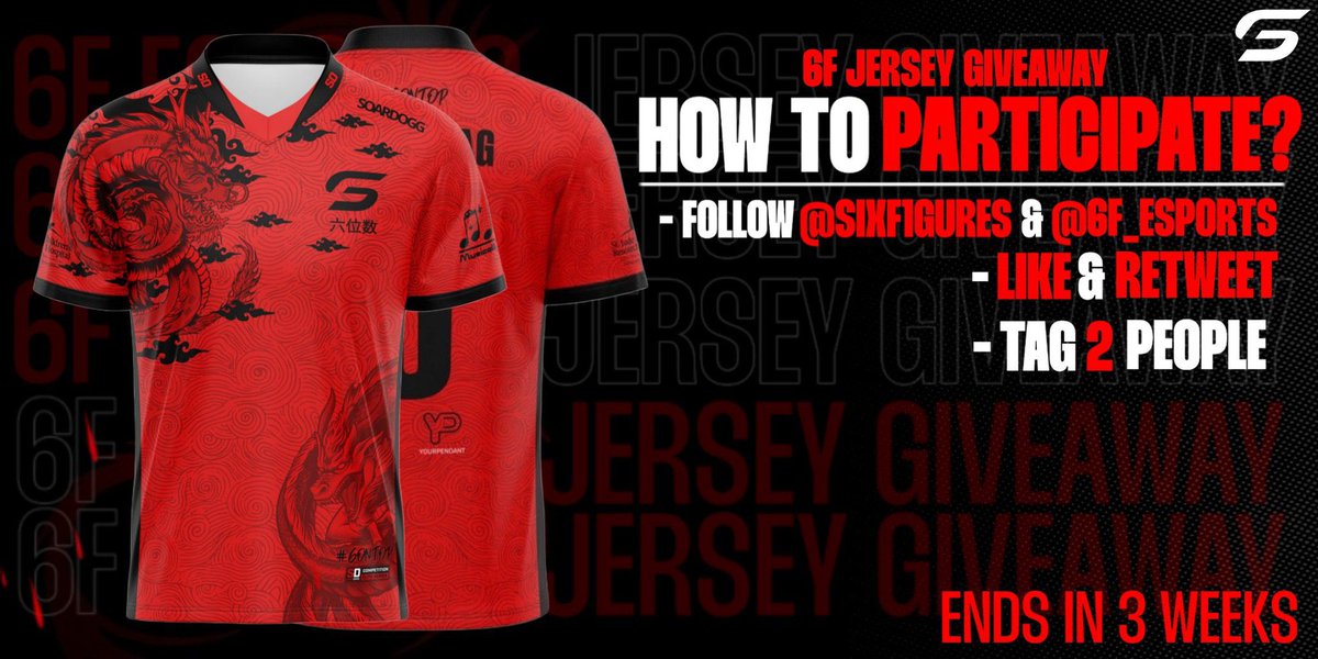 6F_Esports's tweet photo. 🚨 Six Figures “Red Dragon” Main/ Home 2023 – Elite Series Jersey Giveaway 🚨

✅Follow @SIXF1GURES &amp; @6F_Esports 
✅Like + retweet
✅Tag 2 friends

Ends June 13th!

#6FGiveaways https://t.co/KkFxR0qQ4f