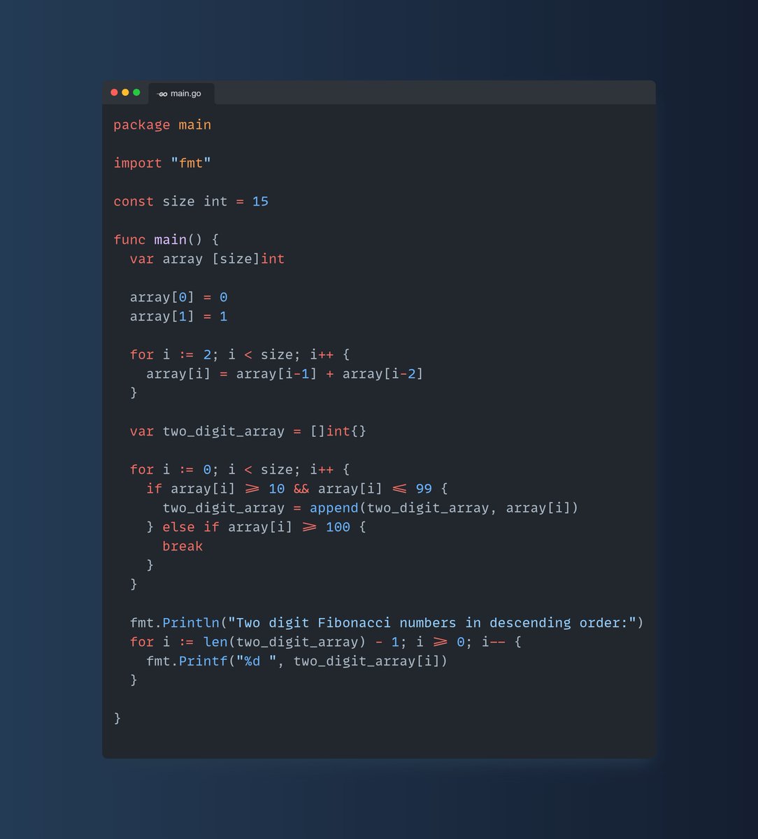 sambitsgk's tweet image. Learning Go: Solving programming questions
✅Store the first 15 Fibonacci numbers in an array and then display two-digit Fibonacci numbers in descending order.
#golang #goLangCode #goProgrammingLearning #100DaysOfCode #100daysofcodechallenge #365DaysofCode