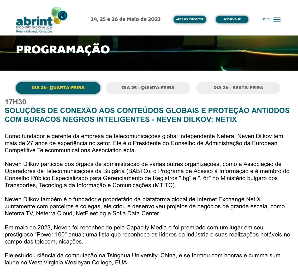 NetIXnet's tweet image. Neven Dilkov estará falando na @AbrintOficial amanhã! 17H30!
#Abrint2023 #Abrint #Abrint23 #telecoms #telecomunicações #internet #rede #peering #PTTGlobal