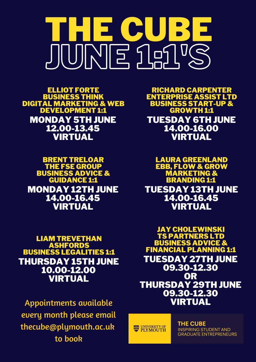 The Cube - University of Plymouth (@thecubeuop) on Twitter photo All our June 1:1 support is available virtually so it doesn't matter where in the world🌍you are!
<a href="/PlymUni/">University of Plymouth</a> students & <a href="/PlymUniAlum/">University of Plymouth Alumni</a> can access FREE business start up and development advice in June. TO BOOK email thecube@plymouth.ac.uk Make your choice or meet with them all! All our June 1:1 support is available virtually so it doesn't matter where in the world🌍you are!
<a href="/PlymUni/">University of Plymouth</a> students & <a href="/PlymUniAlum/">University of Plymouth Alumni</a> can access FREE business start up and development advice in June. TO BOOK email thecube@plymouth.ac.uk Make your choice or meet with them all!
