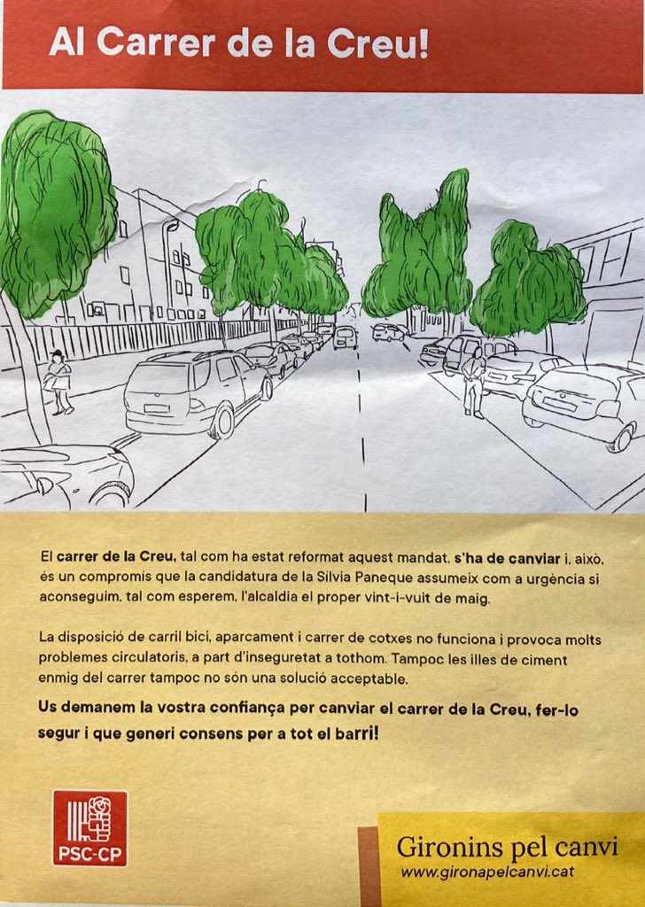 El carrer Creu funciona perfectament,conviuen carril bici l’aparcament i trànsit.
Els il.luminats del Psoe volen transformar-ho a trànsit intens molt aparcament,al revés de les noves tendències.
La Silvia Paneque vol barris de Girona del S XX i del dibuixet millor no en parlem..