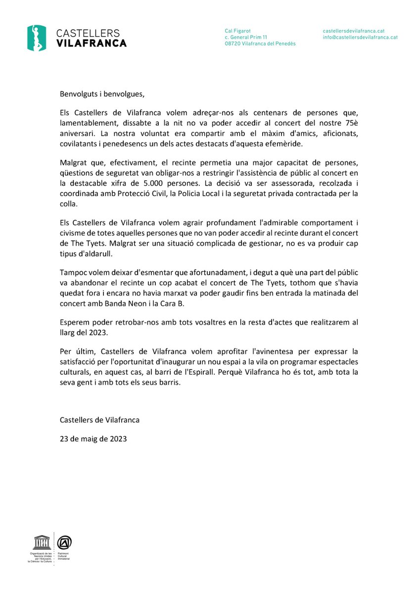 Comunicat dels Castellers de Vilafranca en relació al concert del 75è aniversari de la colla. 👇

Esperem retrobar-nos amb tots i totes  vosaltres en els actes que farem al llarg d'aquest any!

#castellers #castells #mésverdsquemai #75verds