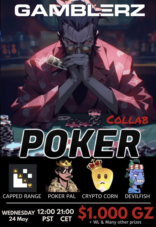 Hey Gamblerz, 

We've planned a Twitter Space to chat with our friends:
- <a href="/CappedRange/">Capped Range</a> 
- <a href="/DevilFish_NFT/">Billy</a> 
- <a href="/pokerpals_/">Poker Pals || Poker Academy Fun for Everyone</a> 
- <a href="/CryptoCorn_io/">CryptoCorn</a> 

We will talk about poker, web3 &amp; NFT’s and how we want to bring value to this space with our projects.

Afterwards there will be an