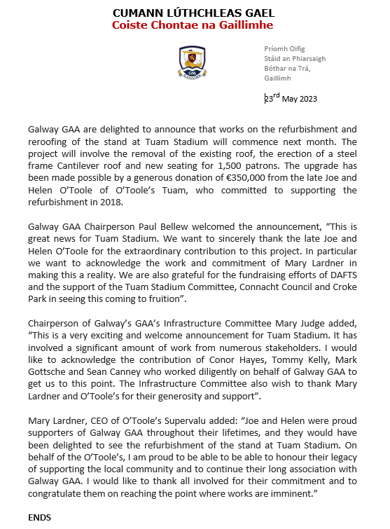 Galway_GAA's tweet photo. 🔊PRESS RELEASE🔊

Upcoming capital development works in Tuam Stadium🔽 https://t.co/UvT2FiqP0A