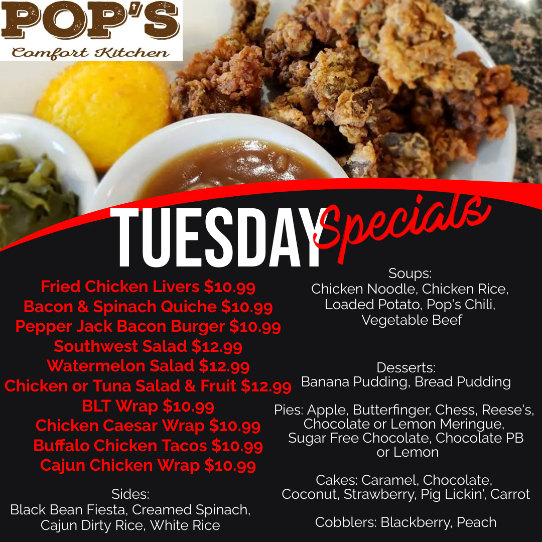 Checkout today's Daily Specials!

#tuesdayspecials #chickenlivers #quiche #sandwiches #salads #burgers #catfish #fish #steaks #veggies #comfortfood #homecooking #901eats #memphiseats #ediblememphis #ilovememphisfood #ilovememphisblog

 PopsComfortKitchen.com