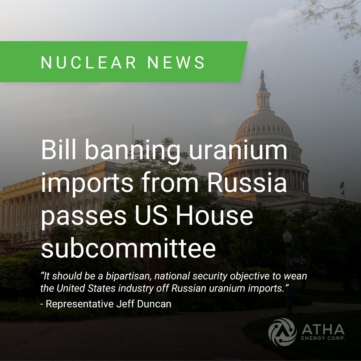 A bill banning Russian uranium imports to the United States passed a committee in the U.S. House of Representatives. Once signed into law, the bill would gradually limit allowed imports of uranium from Russia.

Source: Reuters

#Uranium #NuclearEnergy #EnergySecurity