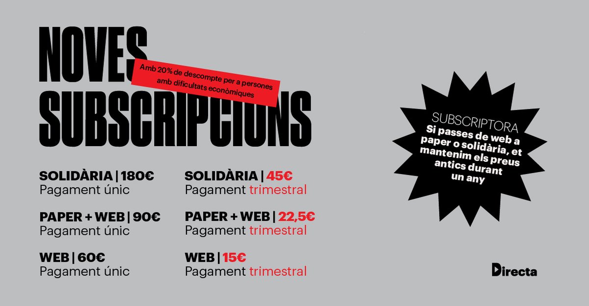 La_Directa's tweet photo. #MesDirecta i més varietat en les subscripcions. 

Ara, pots triar fer el pagament per trimestres o demanar un 20% de descompte si et trobes amb dificultats econòmiques. 

Més informació 👉https://t.co/M3p38DUObS https://t.co/oHm6v9zdII