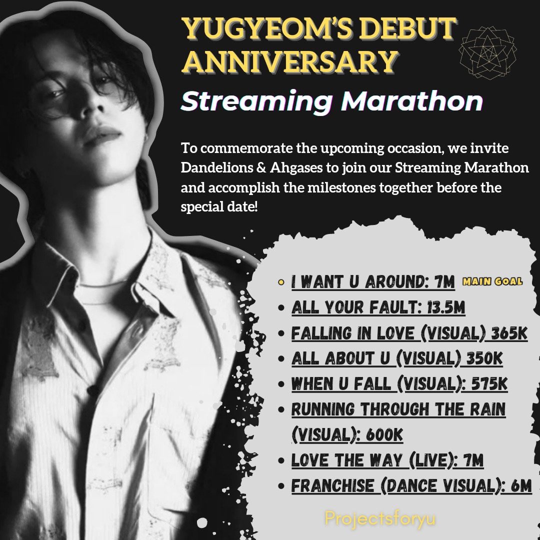 [FanProject] STREAMING MARATHON

Join us and other fellow Dandelions & Ahgases to achieve POV:U milestones together! 🎶🎯

🗓 Ends: June 11
(on the start of @yugyeom’s debut anniversary week 😉)

🔁 Guide Playlist:
youtube.com/playlist?list=…

#KYG_StreamingMarathon
#유겸 #Yugyeom