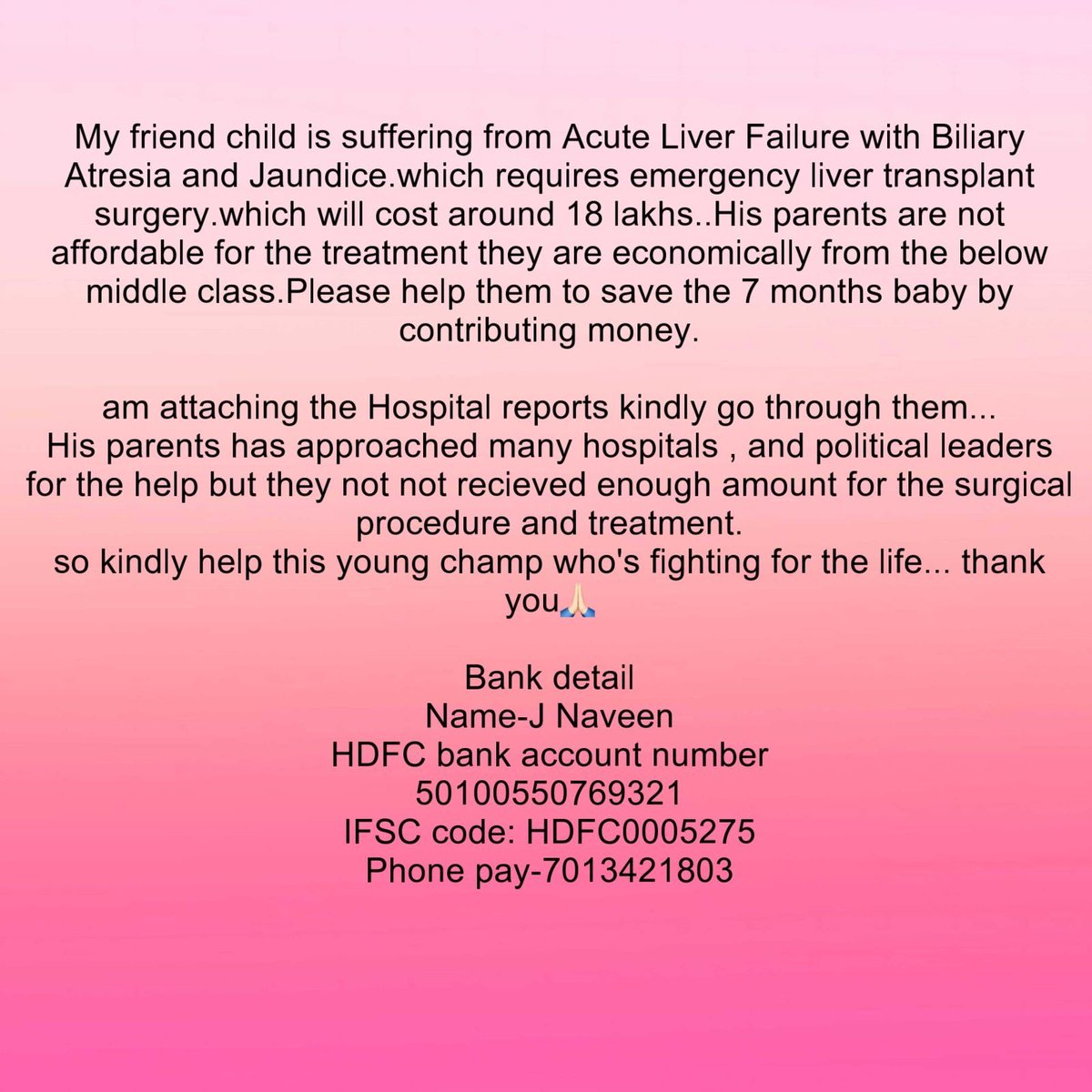 Harshabps999's tweet photo. Hi everyone, actually my friends  son is suffering from liver failure. The baby need to undergo for liver transplantation, I don't know how to reach anyone . So Iam posting hear,it will be very helpful for their family. If anyone can forward this post any one who can help...🙏🙏 https://t.co/AxffeqmHjz