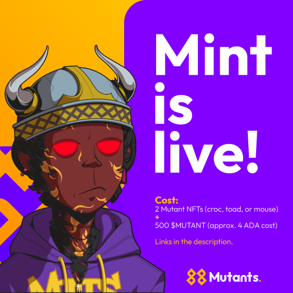 MutantNFTs's tweet photo. Mutants. The first @fortresslabs_ CIP-68 mint is LIVE!

Mint website: https://t.co/GW8kE8YW85

Cost: 2 Mutant NFTs (croc, toad, or mice) + 500 $MUTANT (approx. ADA cost four ada fees) 

Stake your new Mutant.: https://t.co/NU2YaJsH4x https://t.co/8AR2jLtONj