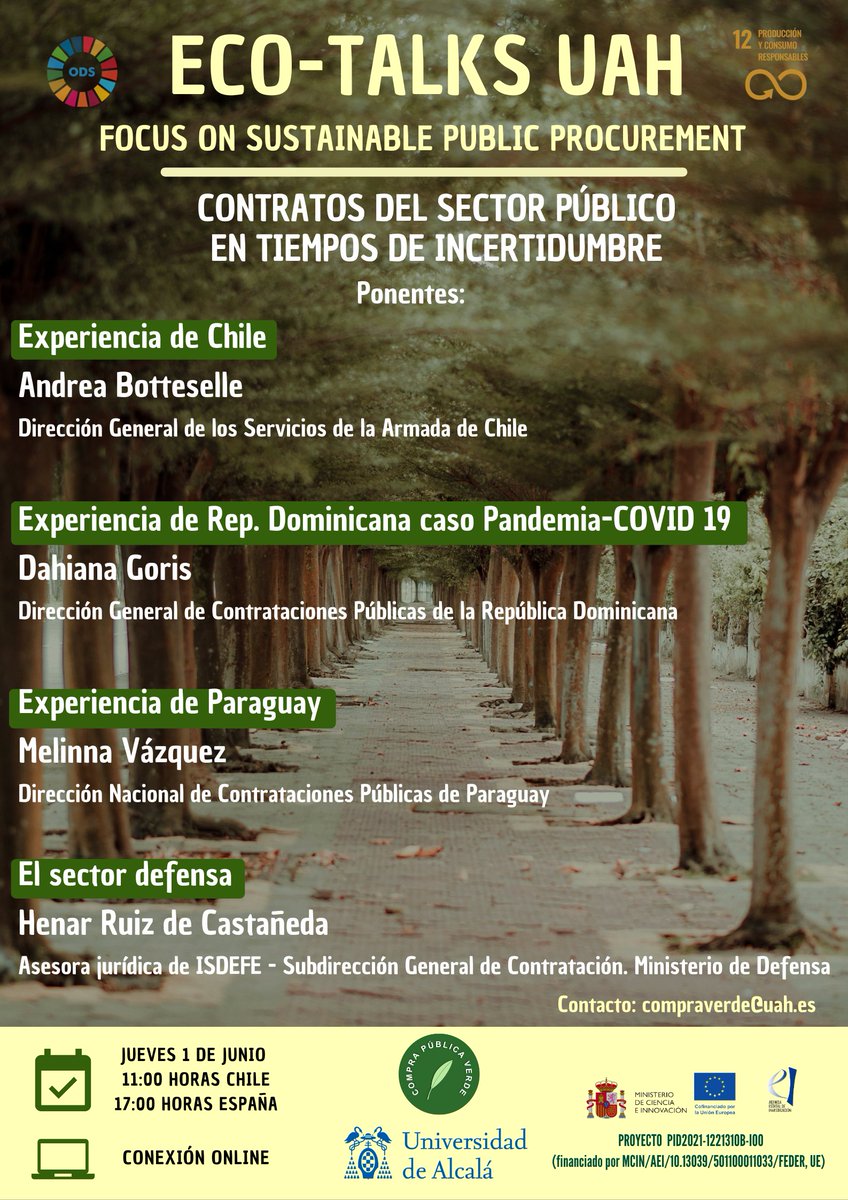 El 1 de junio de 2023 se celebrará una nueva sesión de ECO-TALKS (<a href="/UAHes/">Universidad Alcalá</a>).
En esta ocasión se compartirán experiencias de distintos países sobre la contratación pública durante periodos críticos de afectación mundial.
🕔17:00 (Madrid)
🕚11:00 (Chile, Rep. Dom, Paraguay)