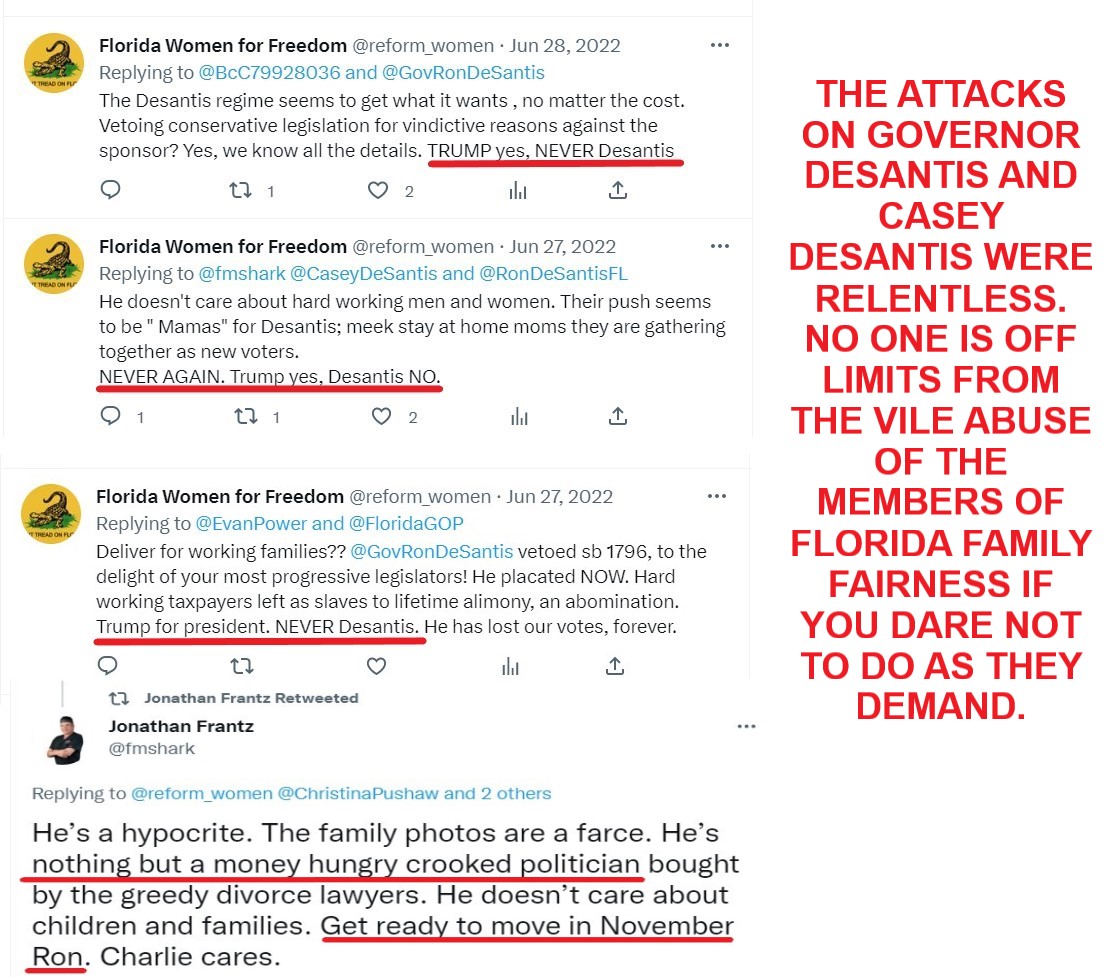 MsBlakeTaylor's tweet photo. @equity_dignity @CaseyDeSantis @ErinMPerrine @ChristinaPushaw @Clay_Yarborough @TraciLKoster @LaurenMeloFL @PeterSchorschFL Florida Family Fairness Chair &amp; members posted vile tweets to/about @GovRonDeSantis &amp; @CaseyDeSantis after the bill was vetoed last year. "Get ready to move in November Ron."  "Trump for President."  They brutalized @Kathleen4SWFL too.  They endlessly called the bar corrupt https://t.co/fkJKLMpqvh