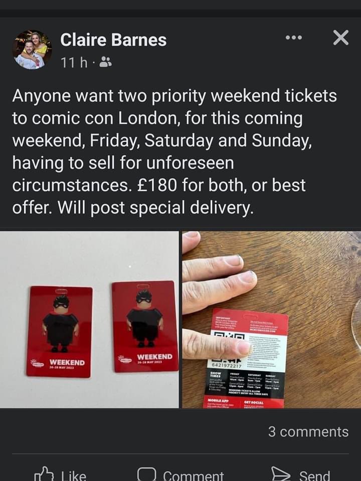 SomethingNoo's tweet photo. Bit short notice but does anyone know anyone who still needs tickets for comic con this weekend in London? Have a friend selling some that can’t be used now xx https://t.co/bJP36pCOTg